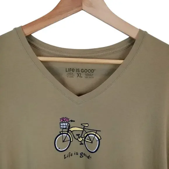 Life Is Good Army Green Bicycle V-Neck Cotton T-Shirt Women's Size XL - Picture 5 of 6